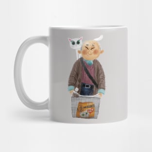 Old chinese man with cat on a bike. Mug